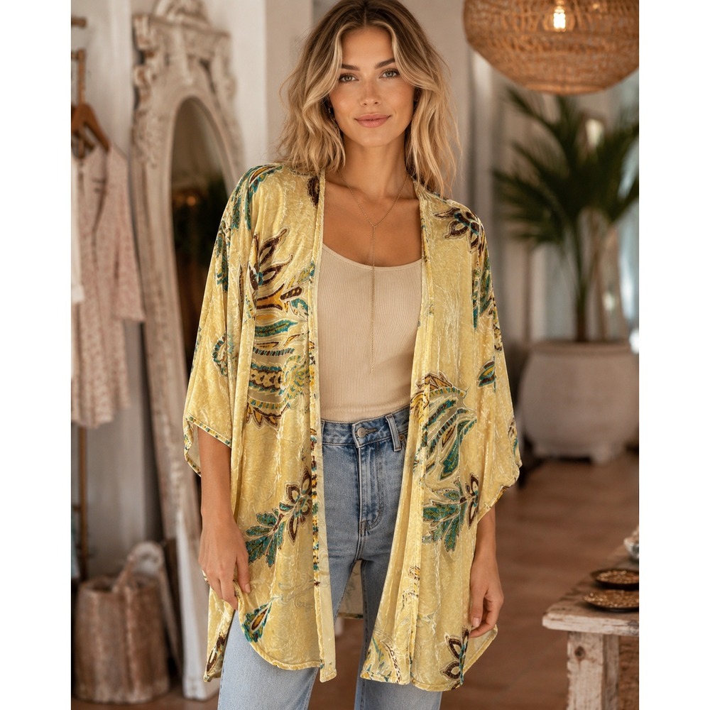 Winter Kate Silk Rayon Velvet Burnout Paisley Kimono Cardigan Boho Chic Large L